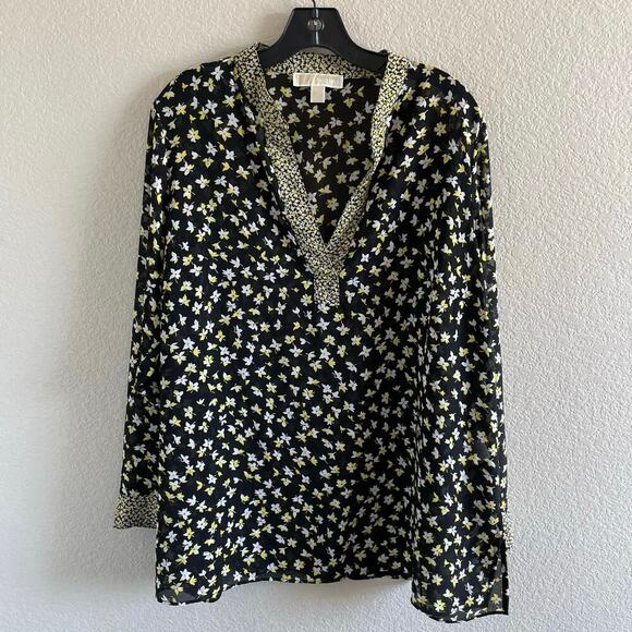 Michael Michael Kors Lillies Split Neck Blouse Black Yellow Sz 1X - Picture 2 of 7